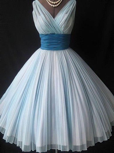 A-line V-neck Tulle Short/Mini Pleats Prom Dresses #02016779