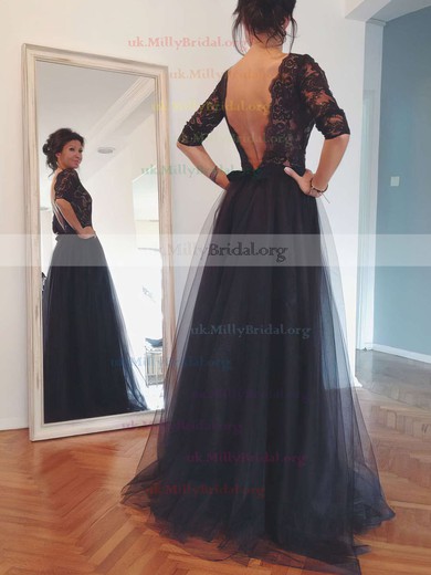 A-line Scoop Neck Tulle Floor-length Beading Prom Dresses #02016844