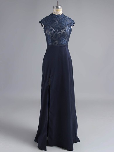 Sheath/Column High Neck Lace Silk-like Satin Floor-length Split Front Prom Dresses #02017421