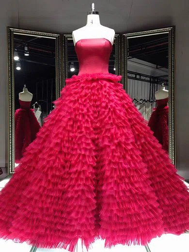 Ball Gown Strapless Satin Tulle Chapel Train Tiered Prom Dresses #02018009