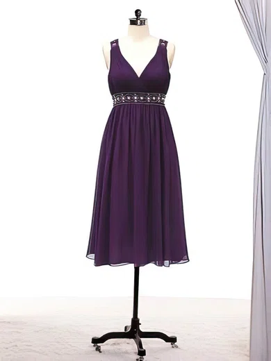 A-line V-neck Chiffon Knee-length Beading Prom Dresses #02017715