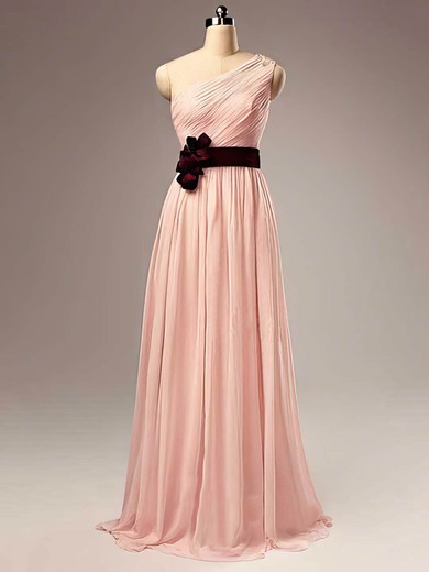 A-line One Shoulder Chiffon Floor-length Sashes / Ribbons Bridesmaid Dresses #02017505