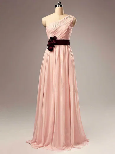 A-line One Shoulder Chiffon Floor-length Sashes / Ribbons Bridesmaid Dresses #02017505