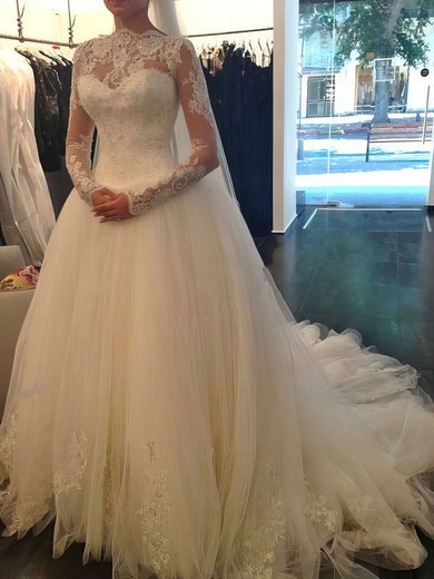 Ball Gown Scalloped Neck Lace Tulle Chapel Train Beading Wedding Dresses #00021194