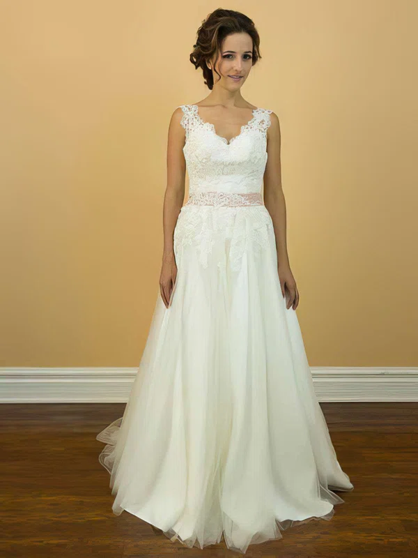 A-line V-neck Tulle Sweep Train Wedding Dresses With Appliques Lace #00021200