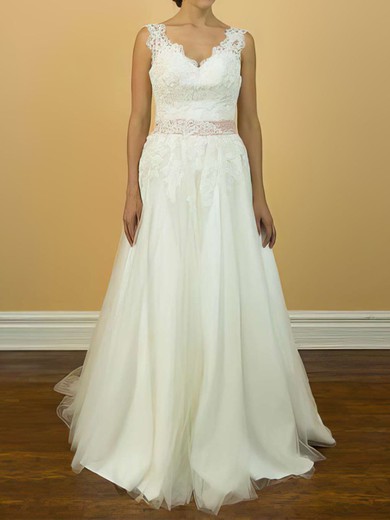 A-line V-neck Tulle Sweep Train Wedding Dresses With Appliques Lace #00021200