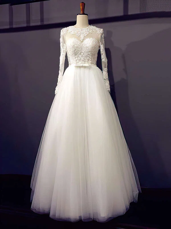 Ball Gown Illusion Tulle Floor-length Wedding Dresses With Appliques Lace #00021203