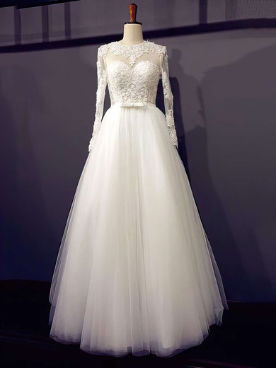 Princess Scoop Neck Tulle Floor-length Appliques Lace Wedding Dresses #00021203