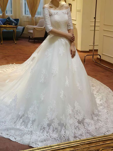 Ball Gown/Princess Off-the-shoulder Tulle Chapel Train Wedding Dresses With Appliques Lace #00021213