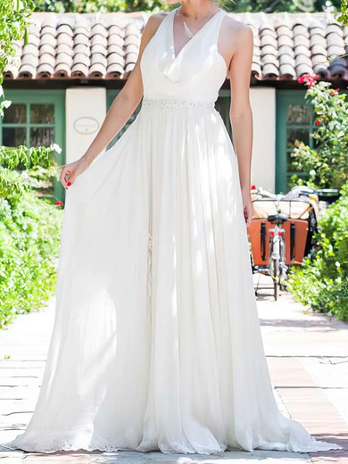 A-line Cowl Neck Chiffon Sweep Train Wedding Dresses With Beading #00021217