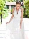A-line Cowl Neck Chiffon Sweep Train Beading Wedding Dresses #00021217