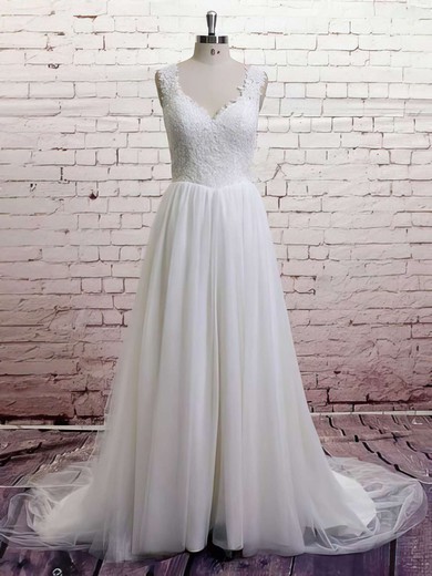 Ball Gown V-neck Lace Tulle Sweep Train Ruffles Wedding Dresses #00021372