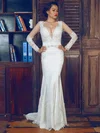 Trumpet/Mermaid V-neck Lace Elastic Woven Satin Sweep Train Beading Wedding Dresses #00021375