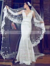 Trumpet/Mermaid V-neck Lace Elastic Woven Satin Sweep Train Beading Wedding Dresses #00021375