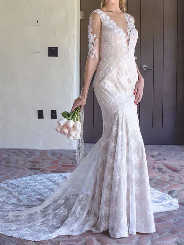 Trumpet/Mermaid V-neck Lace Court Train Wedding Dresses #00021382