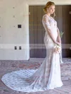 Trumpet/Mermaid V-neck Lace Tulle Chapel Train Beading Wedding Dresses #00021382