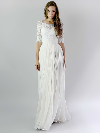 A-line Scoop Neck Lace Chiffon Floor-length Ruffles Wedding Dresses #00021392