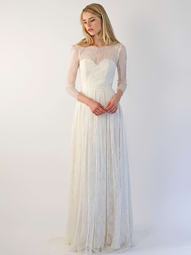 A-line Scoop Neck Lace Sweep Train Ruffles Wedding Dresses #00021394