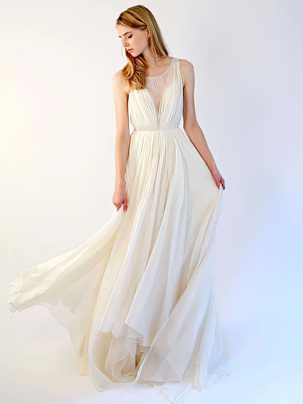 A-line Illusion Chiffon Tulle Sweep Train Wedding Dresses With Ruffles #00021395