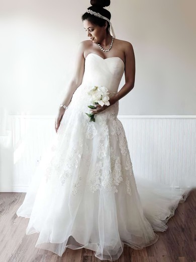 A-line Sweetheart Tulle Chapel Train Beading Wedding Dresses #00021400