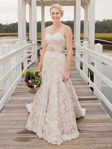 A-line Sweetheart Lace Watteau Train Appliques Lace Wedding Dresses #00021403