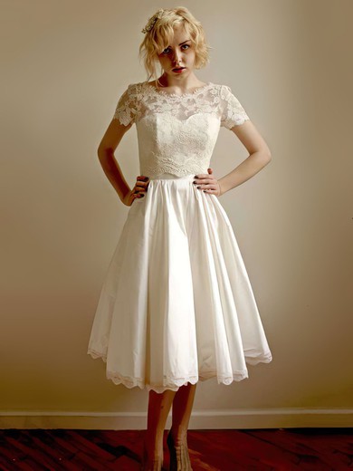 A-line Scoop Neck Lace Taffeta Tea-length Flower(s) Wedding Dresses #00021407