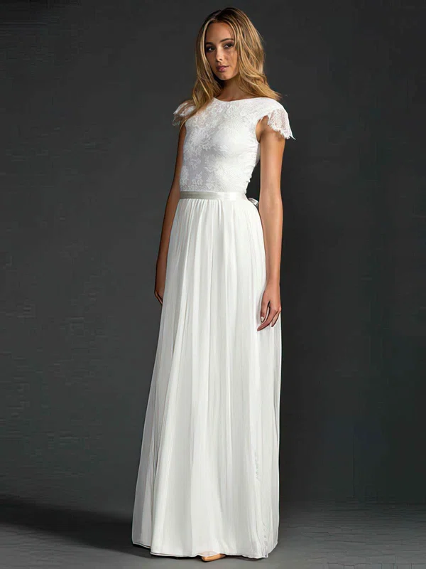 A-line Scoop Neck Lace Chiffon Floor-length Wedding Dresses With Sashes / Ribbons #00021410