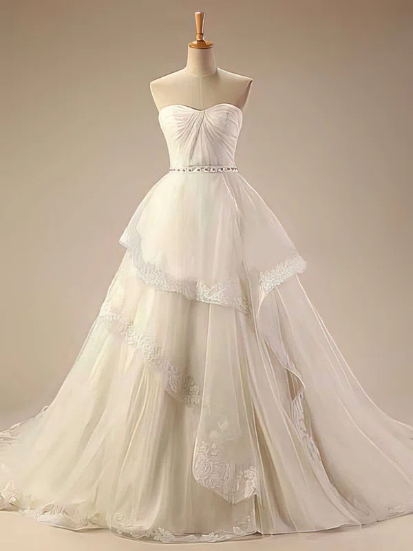 Ball Gown Sweetheart Tulle Chapel Train Wedding Dresses With Beading #00021414