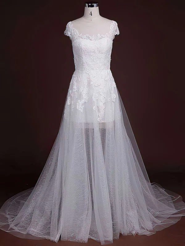 A-line Illusion Tulle Sweep Train Wedding Dresses With Appliques Lace #00021244