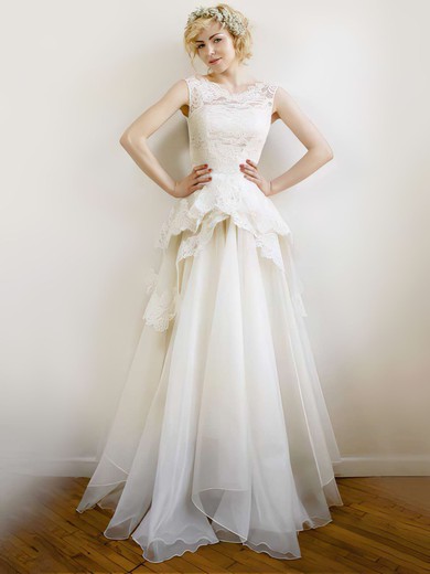 A-line V-neck Lace Organza Floor-length Ruffles Wedding Dresses #00021254