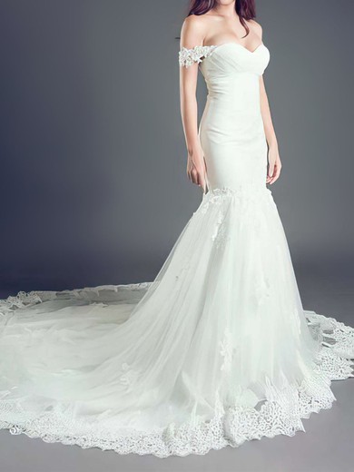 Trumpet/Mermaid Off-the-shoulder Tulle Cathedral Train Wedding Dresses With Appliques Lace #00021260