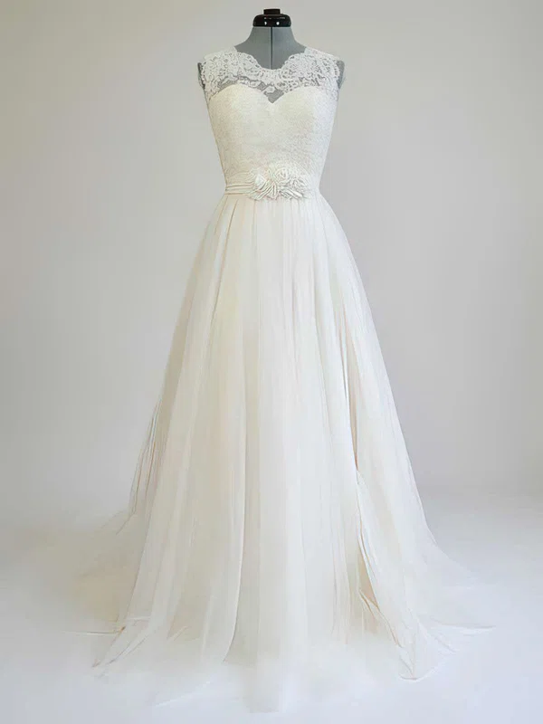 Ball Gown Illusion Tulle Sweep Train Wedding Dresses With Appliques Lace #00021269