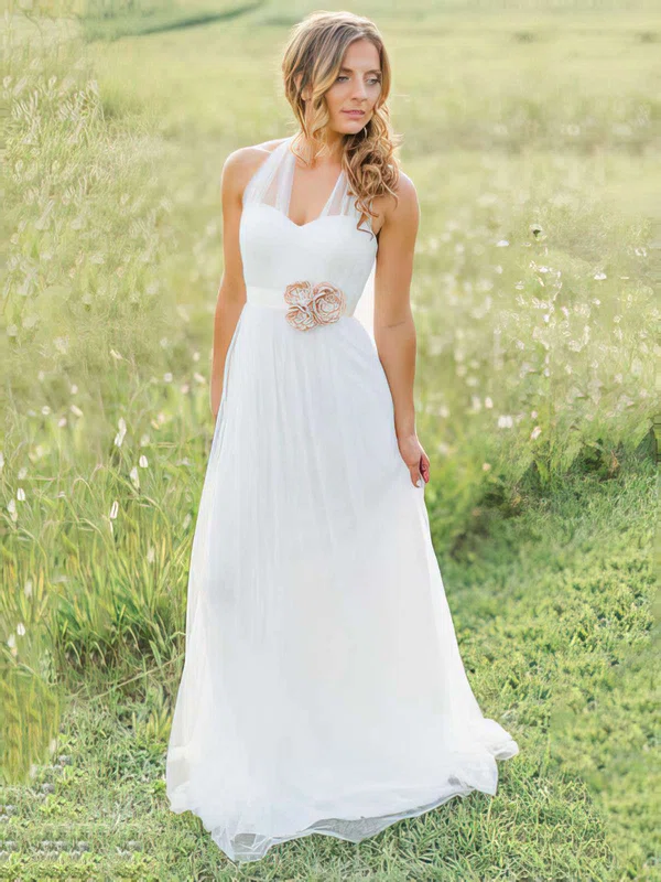 A-line Halter Tulle Sweep Train Wedding Dresses With Flower(s) #00021270