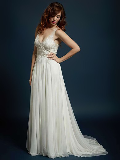 A-line V-neck Tulle Sweep Train Wedding Dresses With Appliques Lace #00021327