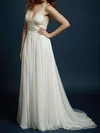 A-line V-neck Tulle Sweep Train Wedding Dresses With Appliques Lace #00021327