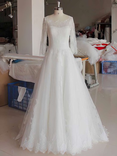 Ball Gown Scoop Neck Lace Tulle Sweep Train Appliques Lace Wedding Dresses #00021346