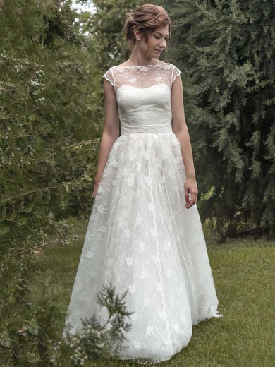 Ball Gown Scoop Neck Lace Sweep Train Sashes / Ribbons Wedding Dresses #00021349