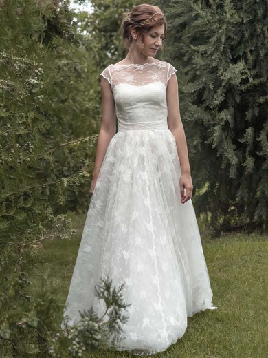 Ball Gown Scoop Neck Lace Sweep Train Sashes / Ribbons Wedding Dresses #00021349