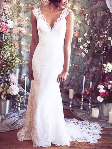 Trumpet/Mermaid V-neck Lace Sweep Train Wedding Dresses With Appliques Lace #00021351