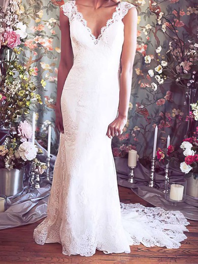 Trumpet/Mermaid V-neck Lace Sweep Train Wedding Dresses With Appliques Lace #00021351