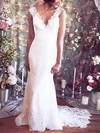 Trumpet/Mermaid V-neck Lace Court Train Flower(s) Wedding Dresses #00021351