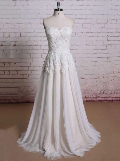 Ball Gown Sweetheart Lace Chiffon Sweep Train Ruffles Wedding Dresses #00021354