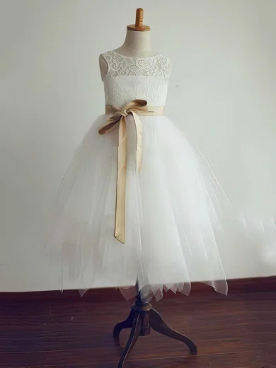 A-line Scoop Neck Lace Tulle Tea-length Sashes / Ribbons Flower Girl Dresses #01031804