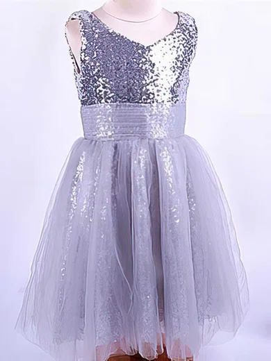 A-line V-neck Tulle Sequined Ankle-length Ruffles Flower Girl Dresses #01031821