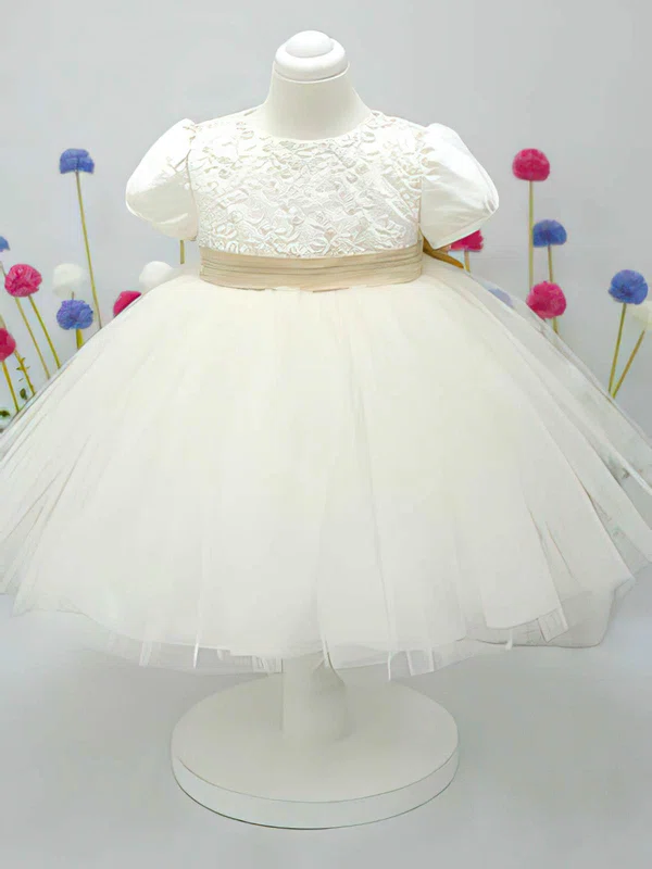 Ball Gown Scoop Neck Satin Tulle Ankle-length Bow Flower Girl Dresses #01031828