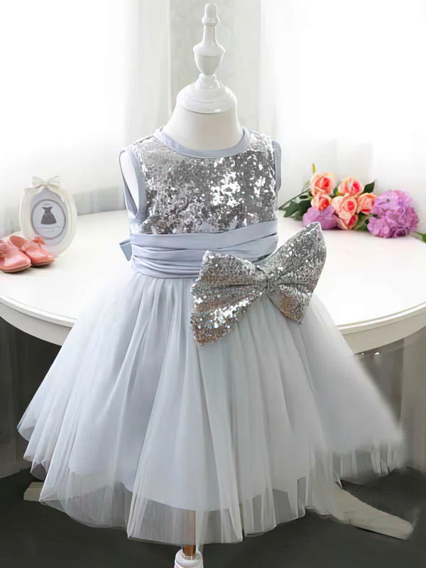 Ball Gown Scoop Neck Satin Tulle Sequined Tea-length Bow Flower Girl Dresses #01031834