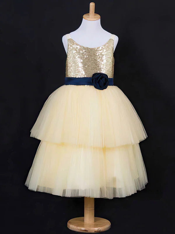 Ball Gown Scoop Neck Tulle Sequined Floor-length Sashes / Ribbons Flower Girl Dresses #01031837