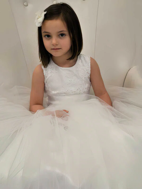 Ball Gown Scoop Neck Tulle Elastic Woven Satin Floor-length Appliques Lace Flower Girl Dresses #01031841