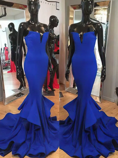 Trumpet/Mermaid Strapless Silk-like Satin Sweep Train Cascading Ruffles Prom Dresses #02018950