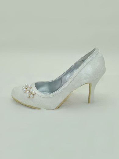 Women's Lace with Crystal Pearl Stiletto Heel Pumps Closed Toe #UKM03030002